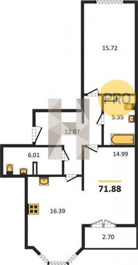 Двухкомнатная квартира 71.88 м²
