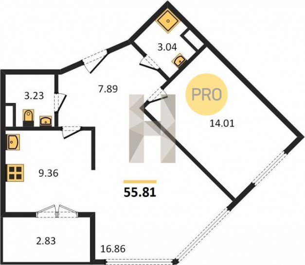 Однокомнатная квартира 55.81 м²