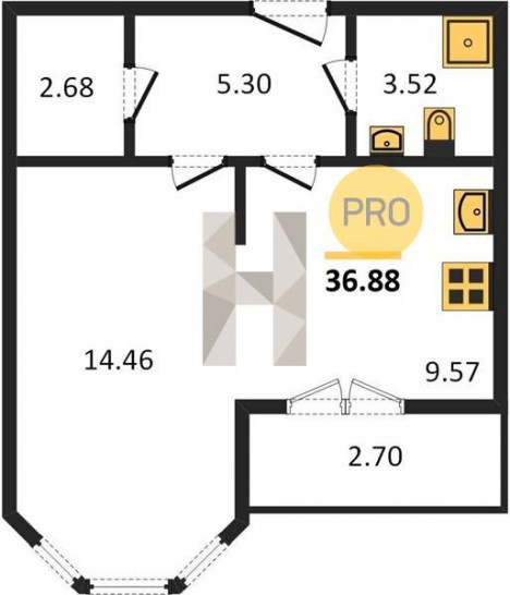 Однокомнатная квартира 36.88 м²