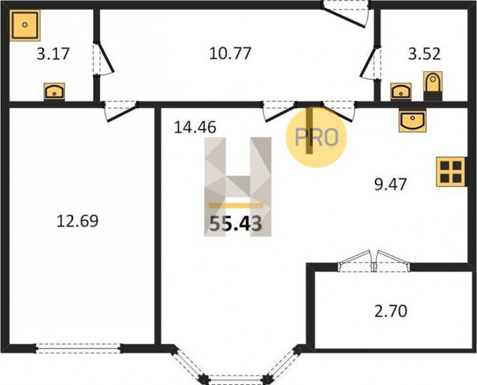 Двухкомнатная квартира 55.43 м²