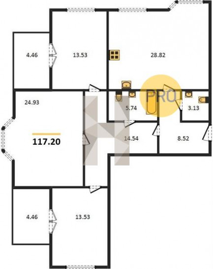 Трёхкомнатная квартира 117.2 м²