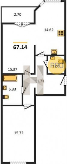 Двухкомнатная квартира 67.14 м²