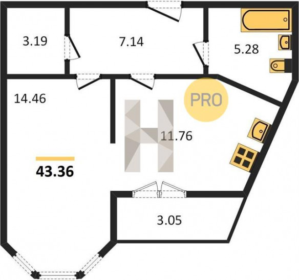 Однокомнатная квартира 43.36 м²