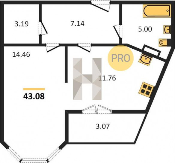 Однокомнатная квартира 43.08 м²