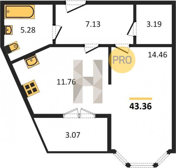 Однокомнатная квартира 43.36 м²