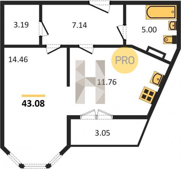 Однокомнатная квартира 43.08 м²
