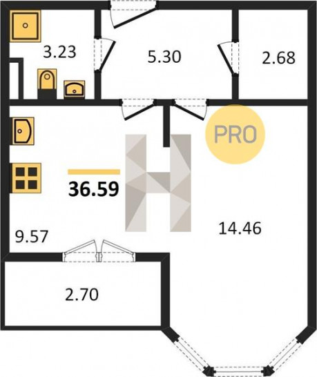 Однокомнатная квартира 36.59 м²