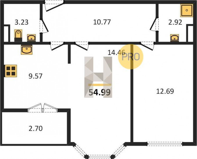 Двухкомнатная квартира 54.99 м²