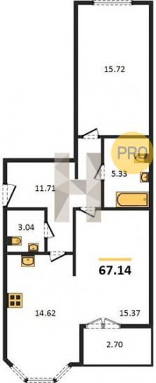 Двухкомнатная квартира 67.14 м²
