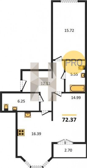 Двухкомнатная квартира 72.37 м²