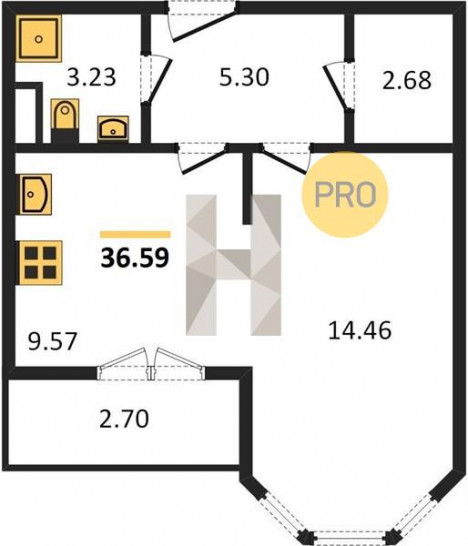Однокомнатная квартира 36.59 м²