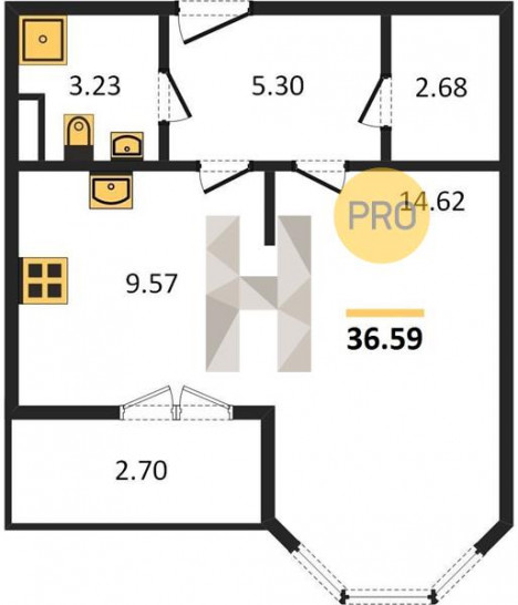 Однокомнатная квартира 36.59 м²