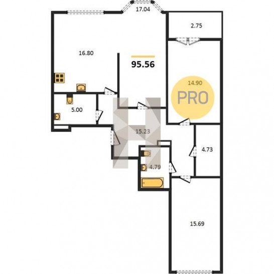 Трёхкомнатная квартира 95.56 м²