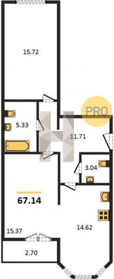 Двухкомнатная квартира 67.14 м²