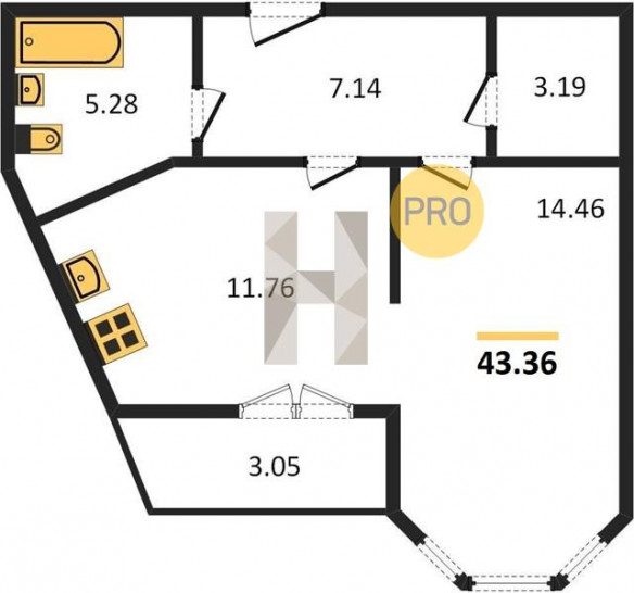 Однокомнатная квартира 43.36 м²
