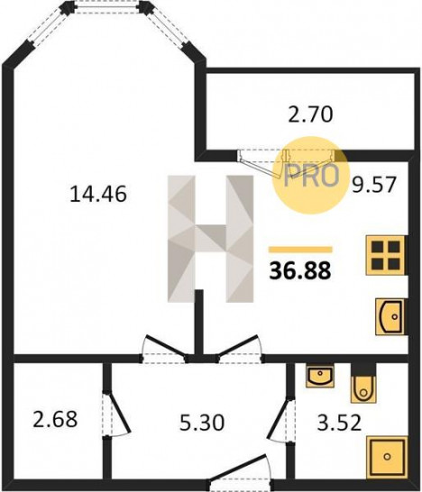 Однокомнатная квартира 36.88 м²