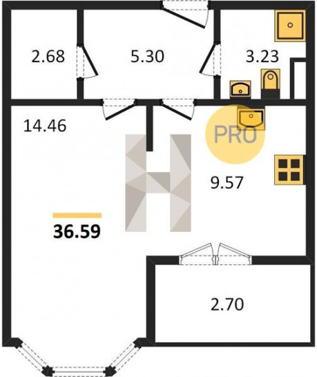 Однокомнатная квартира 36.59 м²