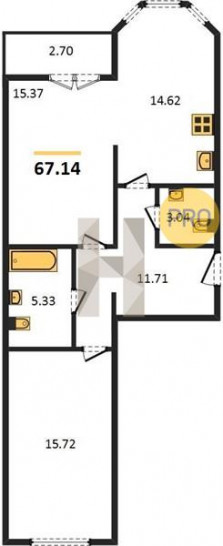 Двухкомнатная квартира 67.14 м²
