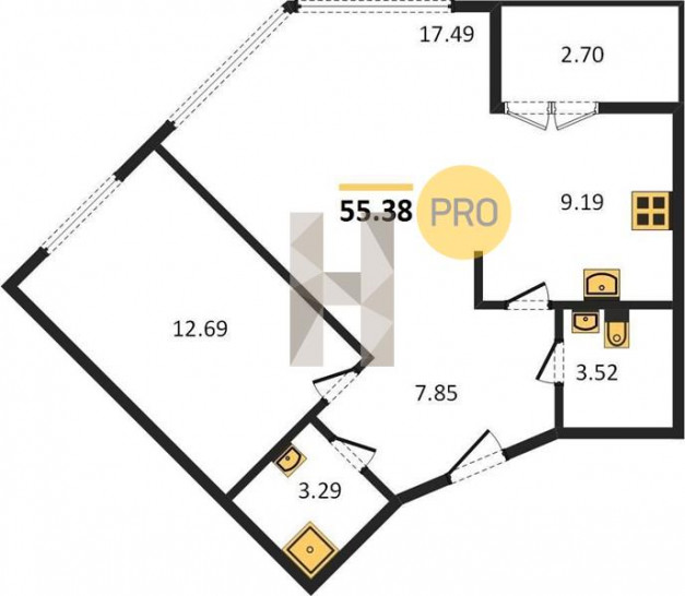 Двухкомнатная квартира 55.38 м²