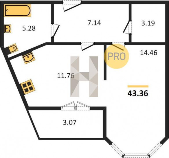 Однокомнатная квартира 43.36 м²