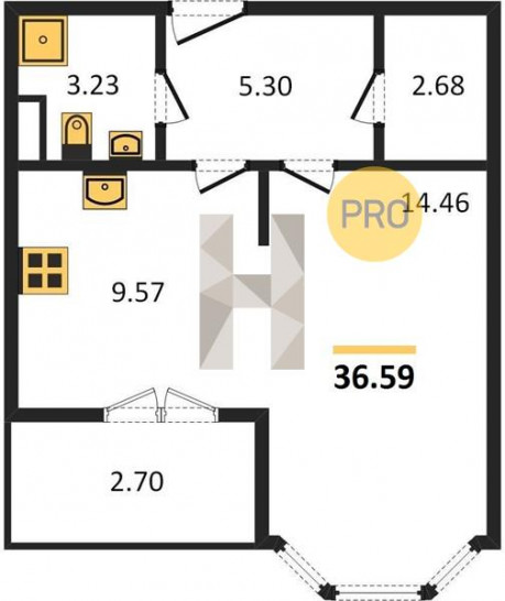 Однокомнатная квартира 36.59 м²