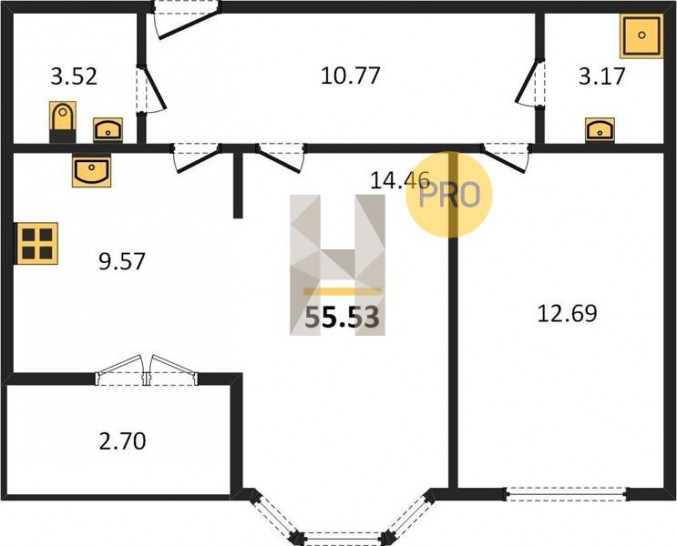 Двухкомнатная квартира 55.53 м²