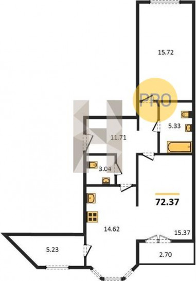 Двухкомнатная квартира 72.37 м²