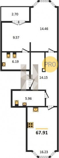 Однокомнатная квартира 67.91 м²
