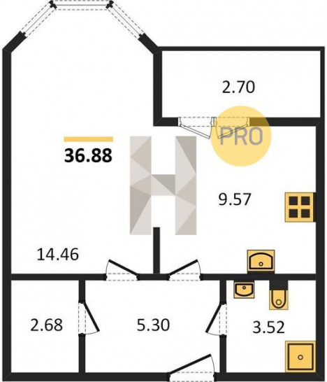 Однокомнатная квартира 36.88 м²