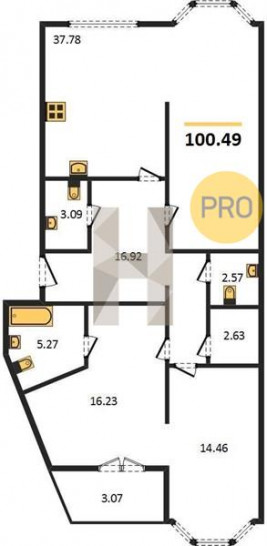 Однокомнатная квартира 100.49 м²