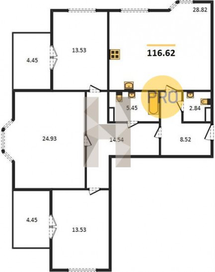 Трёхкомнатная квартира 116.62 м²