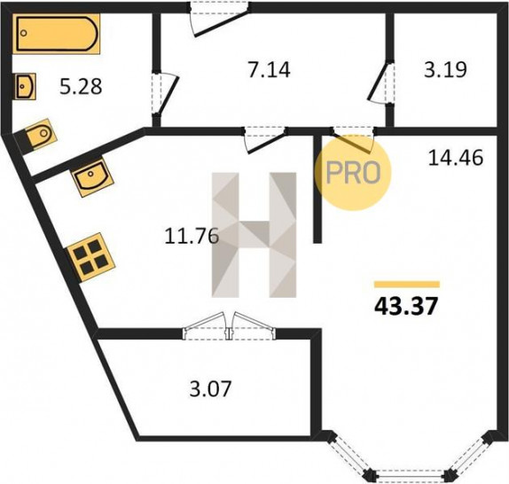 Однокомнатная квартира 43.37 м²