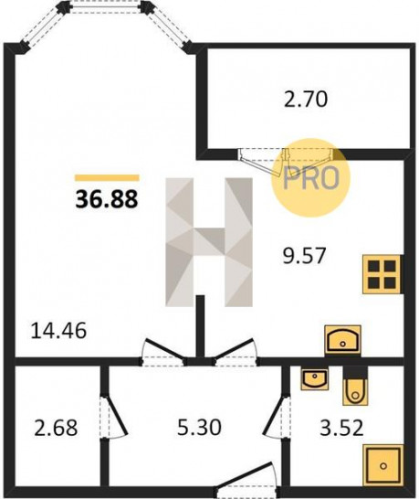 Однокомнатная квартира 36.88 м²