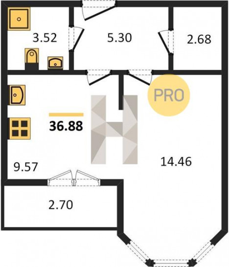 Однокомнатная квартира 36.88 м²