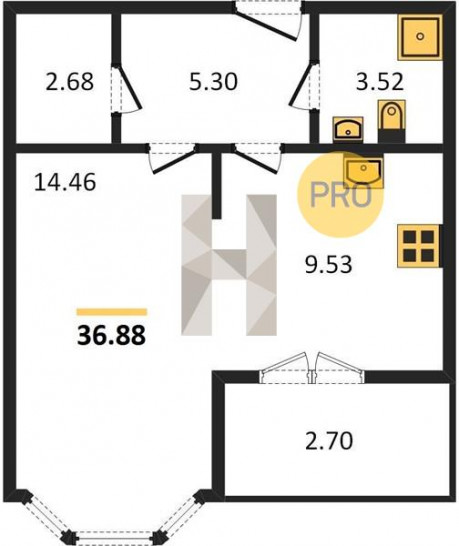 Однокомнатная квартира 36.88 м²
