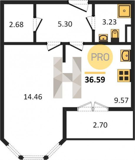 Однокомнатная квартира 36.59 м²