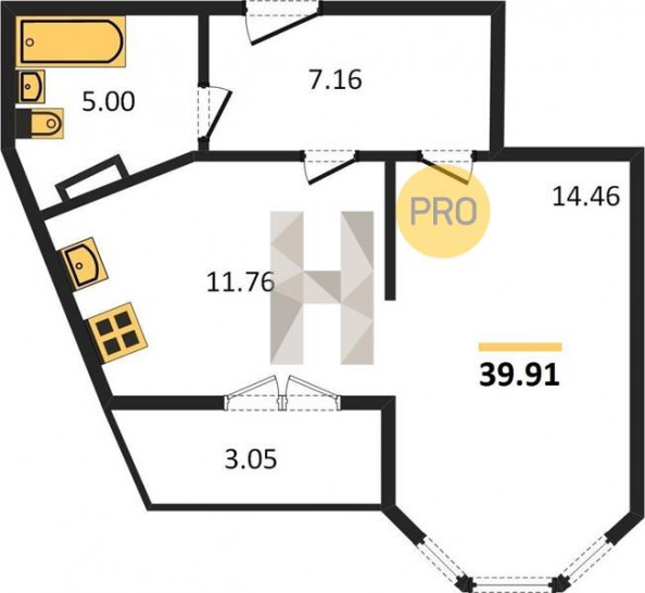 Однокомнатная квартира 39.91 м²