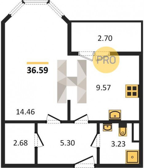 Однокомнатная квартира 36.59 м²