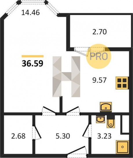 Однокомнатная квартира 36.59 м²