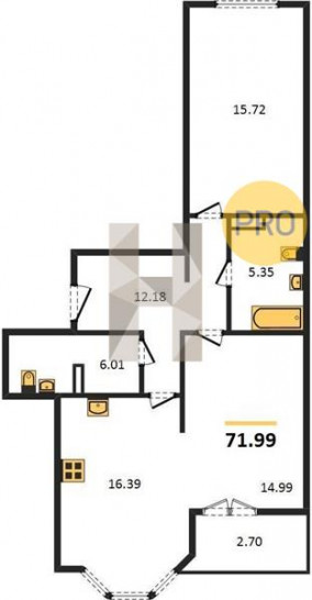 Двухкомнатная квартира 71.99 м²