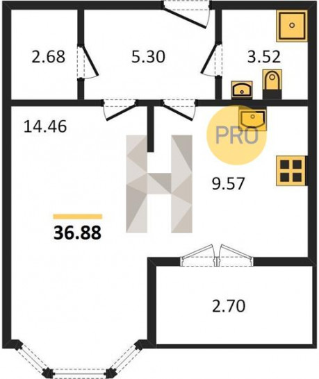 Однокомнатная квартира 36.88 м²