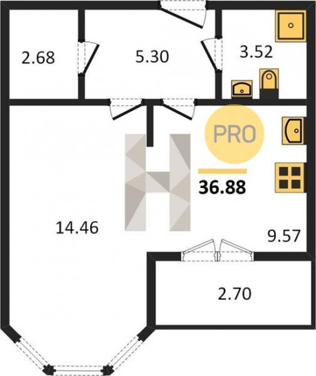 Однокомнатная квартира 36.88 м²