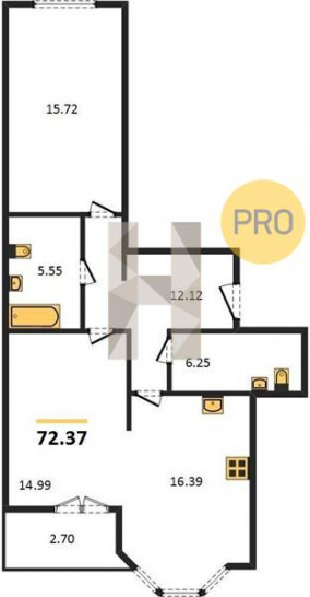Двухкомнатная квартира 72.37 м²