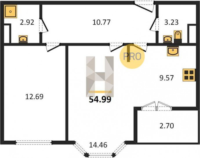 Двухкомнатная квартира 54.99 м²