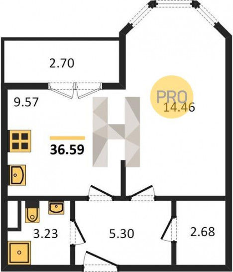 Однокомнатная квартира 36.59 м²
