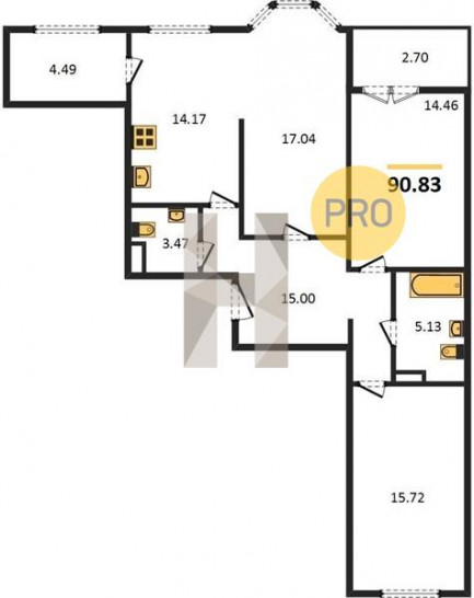 Трёхкомнатная квартира 90.83 м²