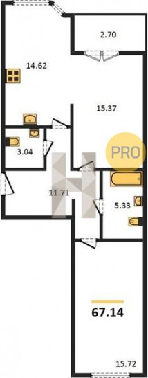 Двухкомнатная квартира 67.14 м²