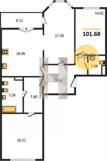 Трёхкомнатная квартира 101.68 м²