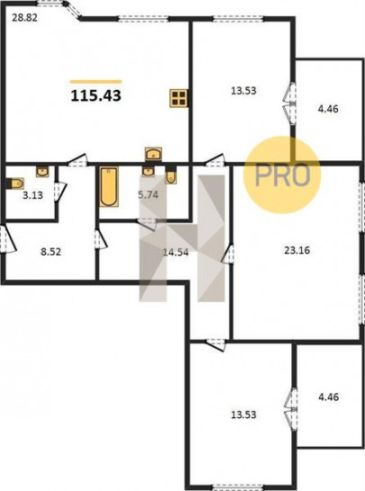 Трёхкомнатная квартира 115.43 м²