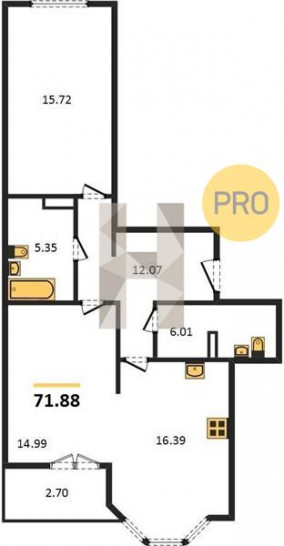 Двухкомнатная квартира 71.88 м²